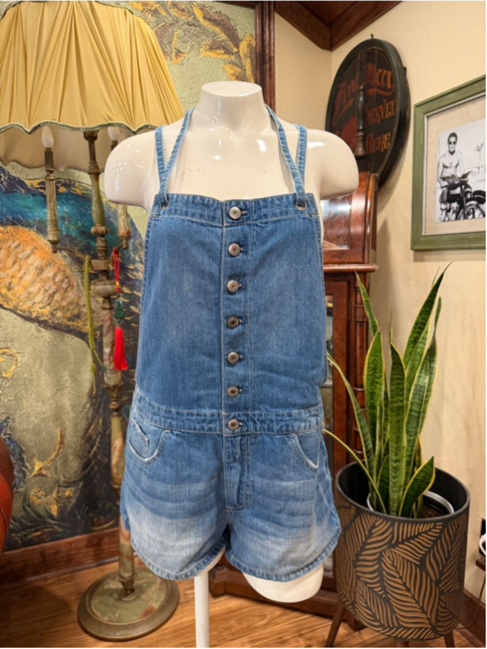 American Eagle Denim Romper Shortalls Halter Neck Button Front Blue Medium - Picture 3 of 11